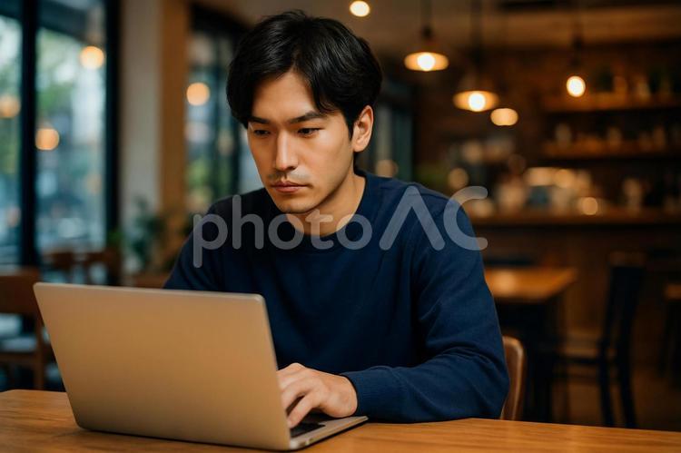 カフェで仕事をする男性 カフェ,ノートパソコン,作業の写真素材