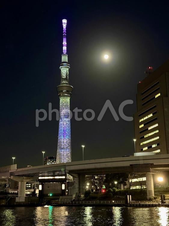 桜の季節の夜の隅田公園周辺　満月 満月,ビル,夜空の写真素材