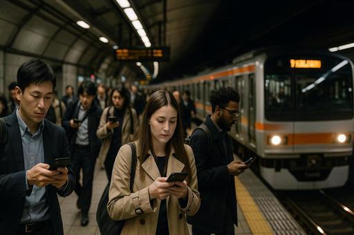 通勤ラッシュの地下鉄ホームの写真