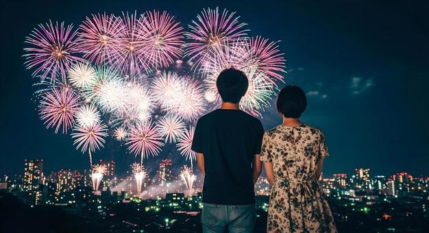 夏の花火を見つめる日本人カップル 夏の花火を見つめる日本人カップル の写真