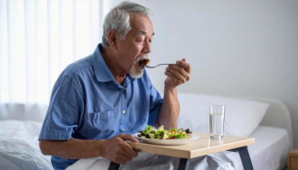 端座位で食事をするシニア男性の患者 端座位で食事をするシニア男性の患者の写真