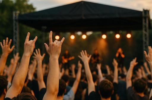 夏フェスで手を挙げて盛り上がる観客の写真