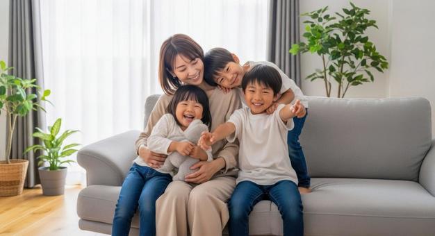 ソファで親子が笑顔で寄り添う幸せな時間の写真