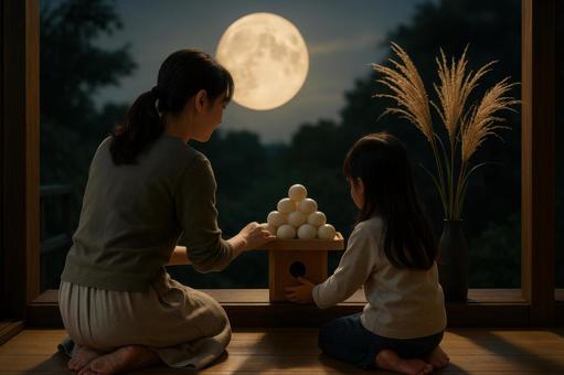 お月見飾りを整える親子の後ろ姿 お月見飾りを整える親子の後ろ姿の写真