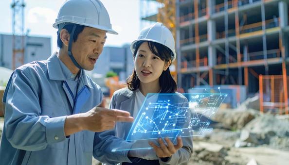 ホログラムのデータを見て議論する建築現場 ホログラムのデータを見て議論する建築現場の写真