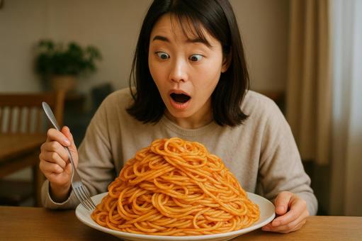 スパゲティの大盛りにびっくりする女性 スパゲティの大盛りにびっくりする女性の写真
