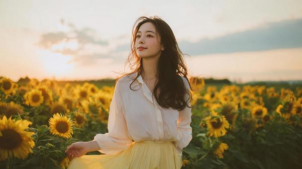 幸福な笑顔:ひまわり畑で輝く日本人女性 幸福な笑顔:ひまわり畑で輝く日本人女性の写真