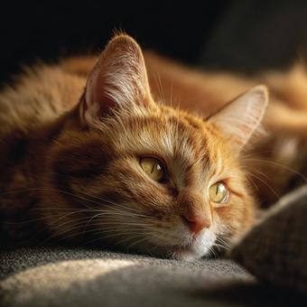 茶色と白の縞模様の猫が家の中でリラックス 茶色と白の縞模様の猫が家の中でリラックスの写真