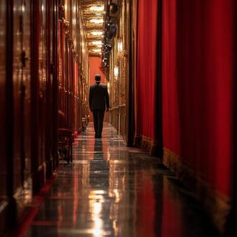 豪華な装飾の通路を歩く一人の人物の写真