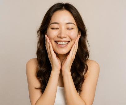 スキンケア後に笑顔で頬に手を当てる女性 スキンケア後に笑顔で頬に手を当てる女性の写真