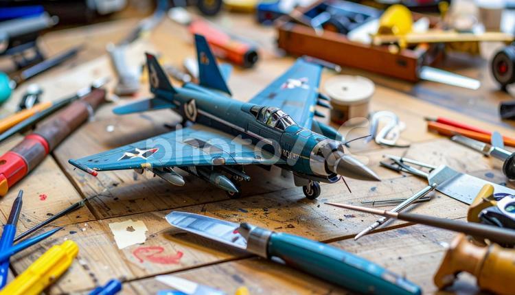 木のテーブルの上の古い戦闘機のプラモデル 道具,プラモデル,おもちゃの写真素材
