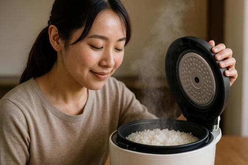 炊飯器を開ける女性の写真