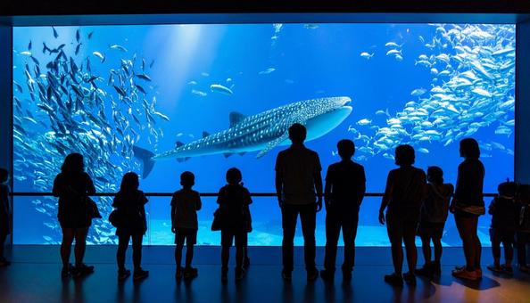 水族館を楽しむ親子のシルエット 水族館を楽しむ親子のシルエットの写真