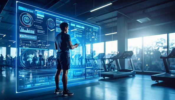 フィットネスジムで運動データ確認男性の写真