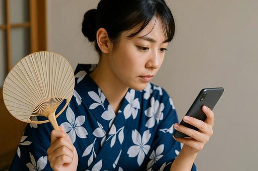 浴衣女性が団扇であおぎながらスマホを見る 浴衣女性が団扇であおぎながらスマホを見るの写真