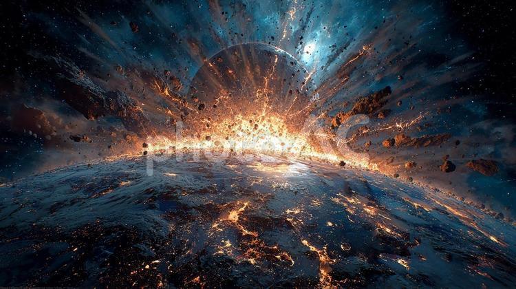 破滅的な惑星の衝突 宇宙,衝突,爆発の写真素材