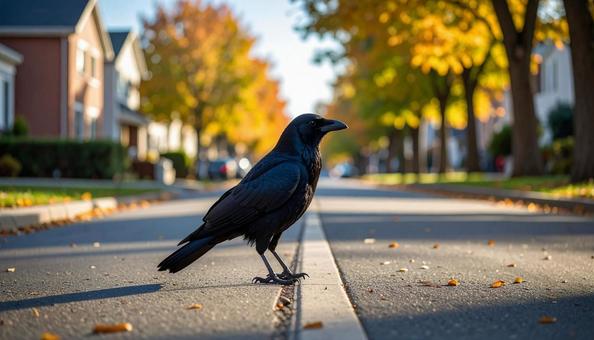 住宅街の道路のカラス01 住宅街の道路のカラス01の写真
