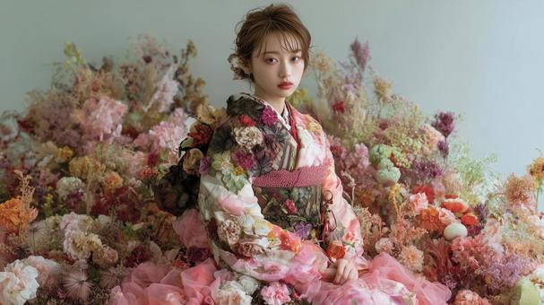 花柄の着物を着た女性とたくさんの花 花柄の着物を着た女性とたくさんの花の写真