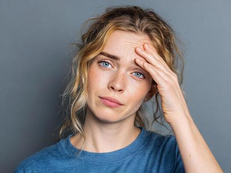 疲れた表情で一点を見つめる女性 疲れた表情で一点を見つめる女性の写真