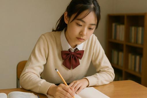 勉強をしている女学生 勉強をしている女学生の写真
