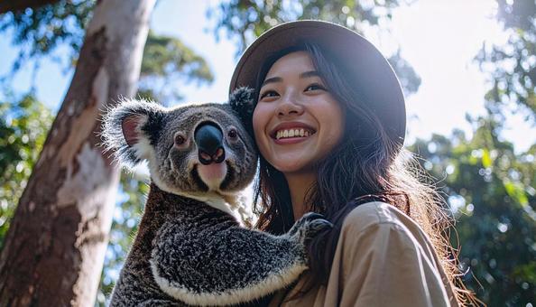 海外旅行 コアラを抱く女性 海外旅行 コアラを抱く女性の写真