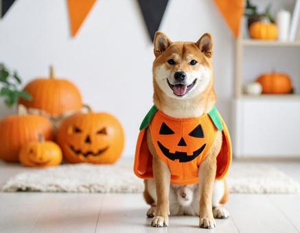 ハロウィンのコスチュームで仮装した犬 ハロウィンのコスチュームで仮装した犬の写真