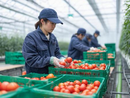 大規模ハウス栽培のトマト農家の作業員 大規模ハウス栽培のトマト農家の作業員の写真