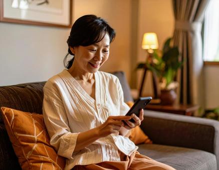 自宅でスマホを操作するシニア女性 自宅でスマホを操作するシニア女性の写真