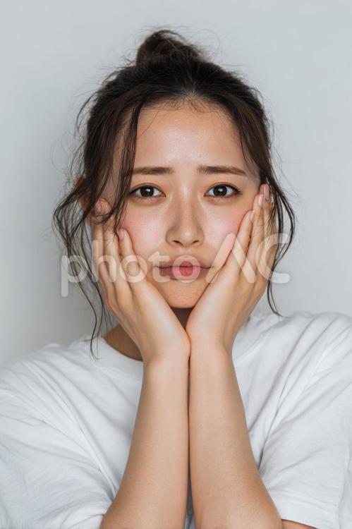 頬に手を当てる20代日本人女性 女性,日本人,若い女性の写真素材