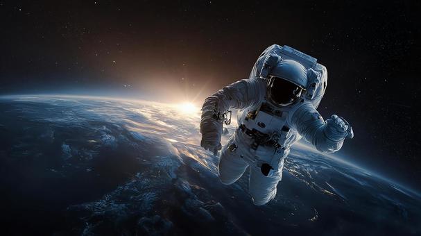 宇宙に浮かぶ、地球を見下ろす宇宙飛行士 宇宙に浮かぶ、地球を見下ろす宇宙飛行士の写真
