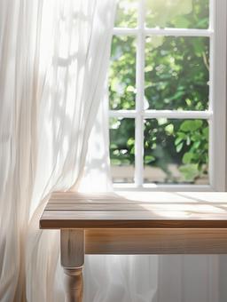 日差しでカーテンが輝く窓際、背景画像の写真