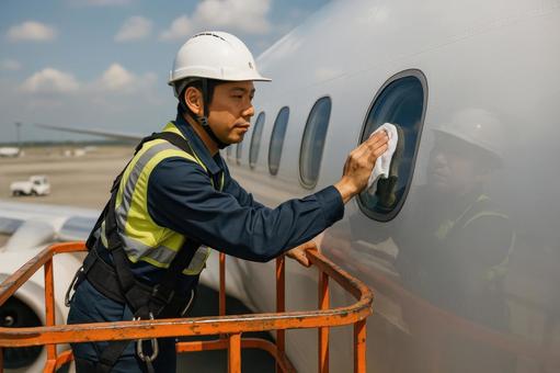 飛行機の窓を清掃するスタッフ 飛行機の窓を清掃するスタッフの写真