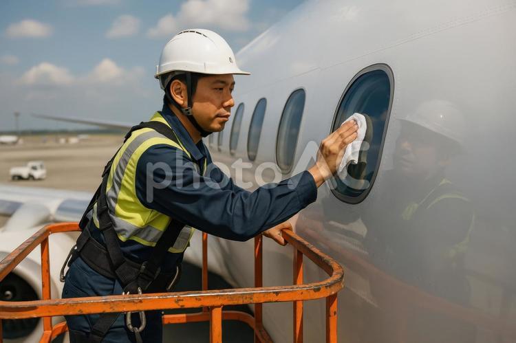 飛行機の窓を清掃するスタッフ 空港,清掃,スタッフの写真素材