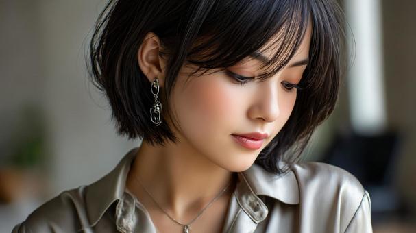 伏し目がちな女性 伏し目がちな女性の写真