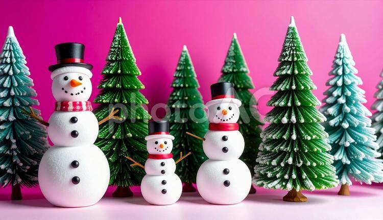 モミの木と雪だるまのクリスマスイメージ クリスマス,クリスマスツリー,雪だるまの写真素材