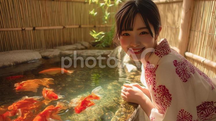 水槽を泳ぐ金魚と浴衣を着た女性 夏,金魚,浴衣の写真素材