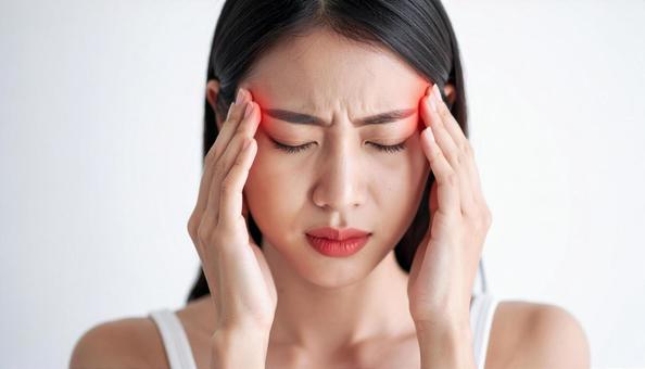 頭痛やストレスに悩む女性のクローズアップの写真