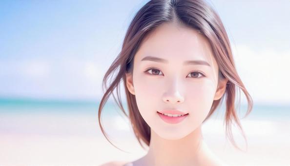 ビーチで微笑む女性のポートレート ビーチで微笑む女性のポートレートの写真
