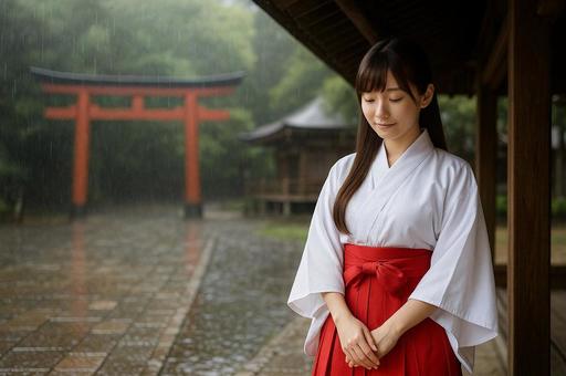 雨の神社に佇む巫女の写真
