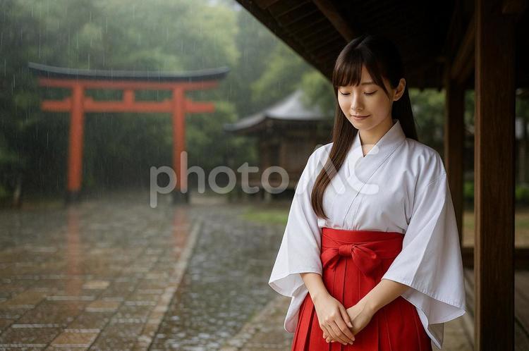 雨の神社に佇む巫女 巫女,神社,鳥居の写真素材