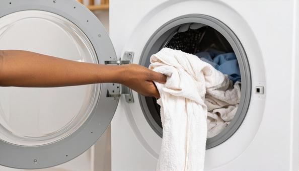 洗濯機から洗濯物を取り出す女性の手 洗濯機から洗濯物を取り出す女性の手の写真