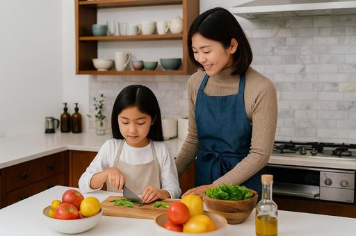 母親の手伝いをする女の子 母親の手伝いをする女の子の写真
