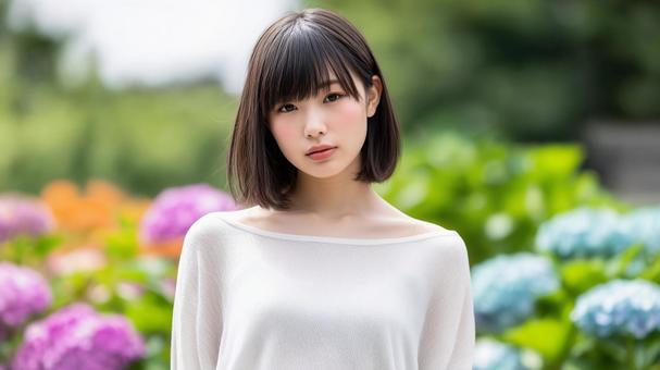 アジサイを背景に立つ女性 アジサイを背景に立つ女性の写真