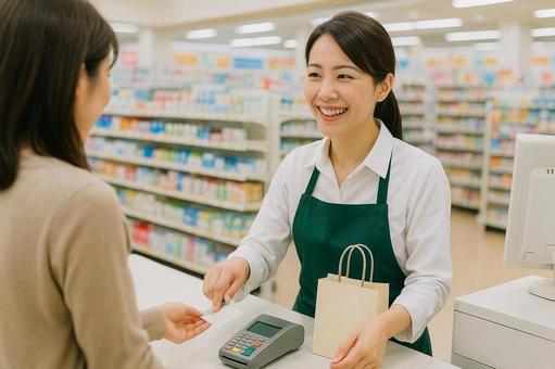 薬局のレジで笑顔で接客する店員 薬局のレジで笑顔で接客する店員の写真