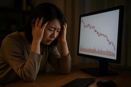 落ち込む株価に頭を抱える女性 落ち込む株価に頭を抱える女性の写真