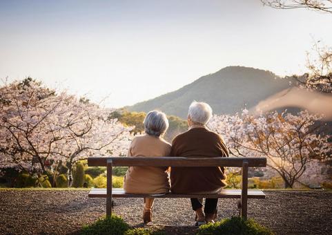 ベンチで話す老人夫婦2人の後ろ姿 ベンチで話す老人夫婦2人の後ろ姿の写真