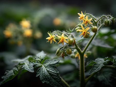 緑豊かなトマトの葉と小さな花の集合体 緑豊かなトマトの葉と小さな花の集合体の写真