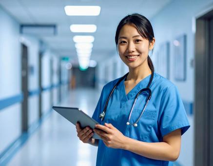 病院の廊下で笑顔を見せる若い女性看護師 病院の廊下で笑顔を見せる若い女性看護師の写真