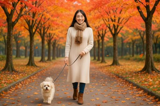 犬と散歩する女性 犬と散歩する女性の写真