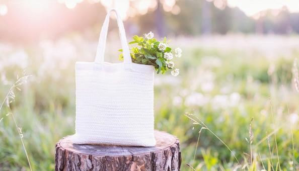 白いトートバッグでお出かけの写真